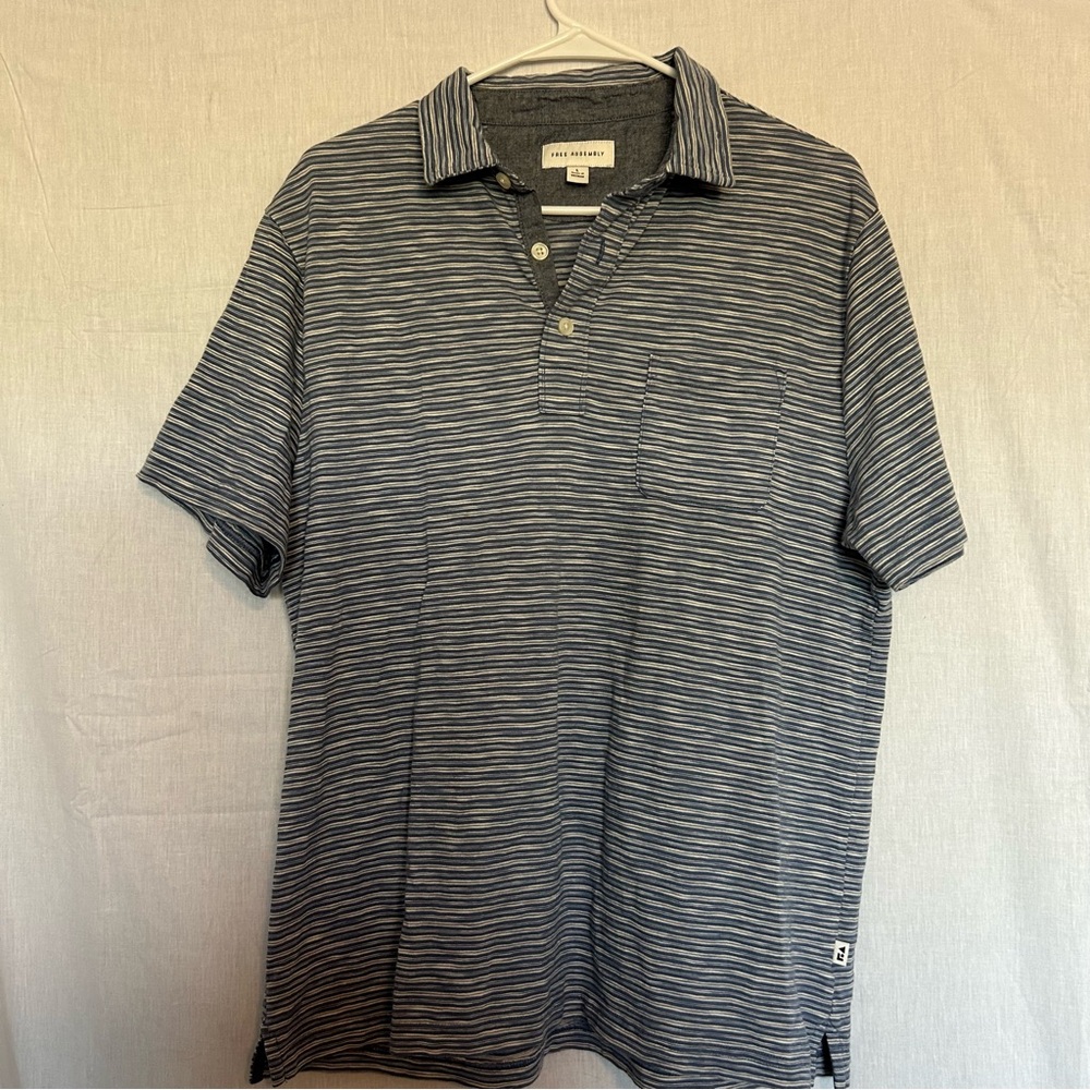 Free Assembly Mens Polo Shirt Striped Short Sleeve Casual Blue‎ Gray Large